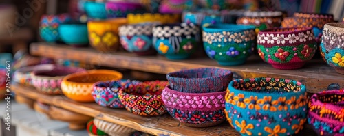 A display of colorful bowls with flowers and other designs