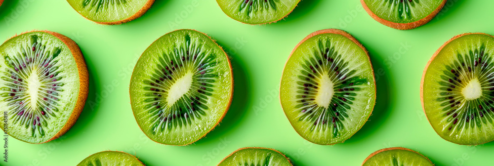 Fototapeta premium fruit pattern of fresh kiwi slices on green background