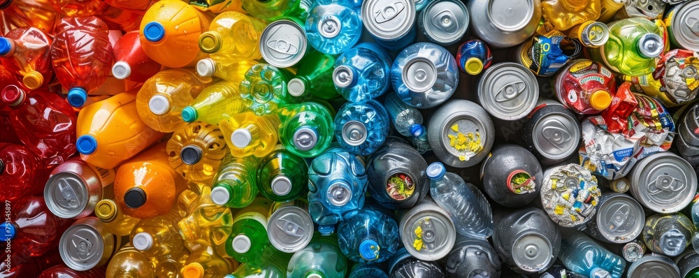 A pile of plastic bottles and cans in various colors A pile of plastic bottles and cans in various colors