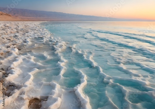 View of Dead Sea coastline. Salt crystals at sunset. Texture of Dead sea. Salty sea shore