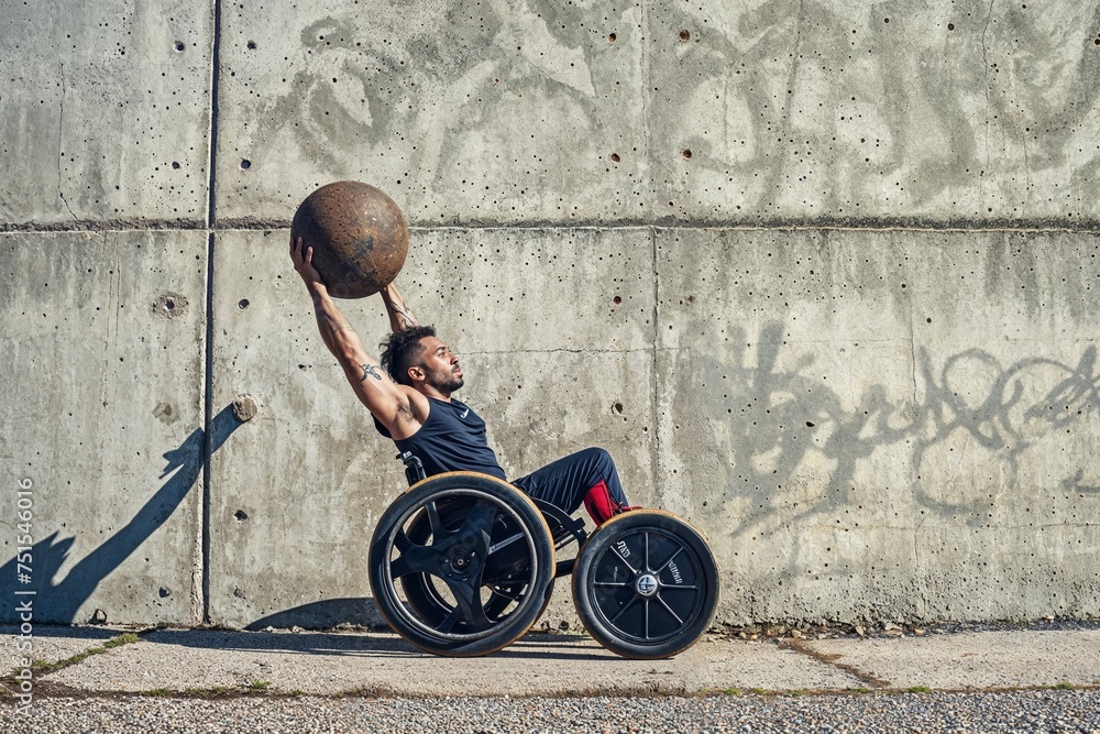 Adaptive athlete powerfully lifting a medicine ball outdoors ...