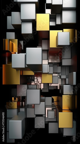 Stacked cubes, metallic hues, floating, shadows, light, reflection, modern, abstract, layered, dimensional, contrast, dark
