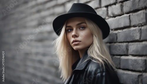 Beautiful young mysterious blond girl in black hat and black jacket on gray brick background © Adi