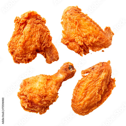 Four pieces of fried chicken are shown in a row Isolated on transparent background, PNG