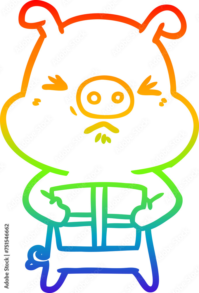 rainbow gradient line drawing cartoon angry pig with christmas present rainbow gradient line drawing cartoon angry pig with christmas present