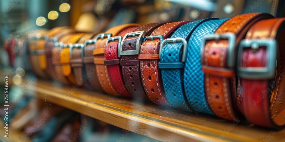Array of luxury leather belts on wooden display shelf