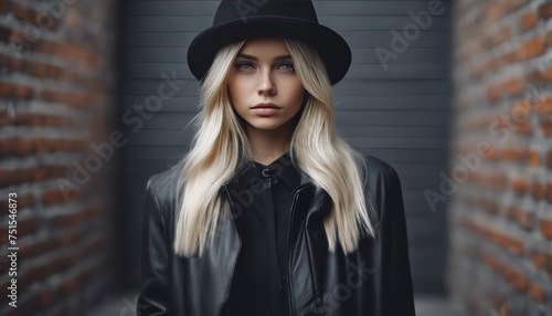 Beautiful young mysterious blond girl in black hat and black jacket on gray brick background photo