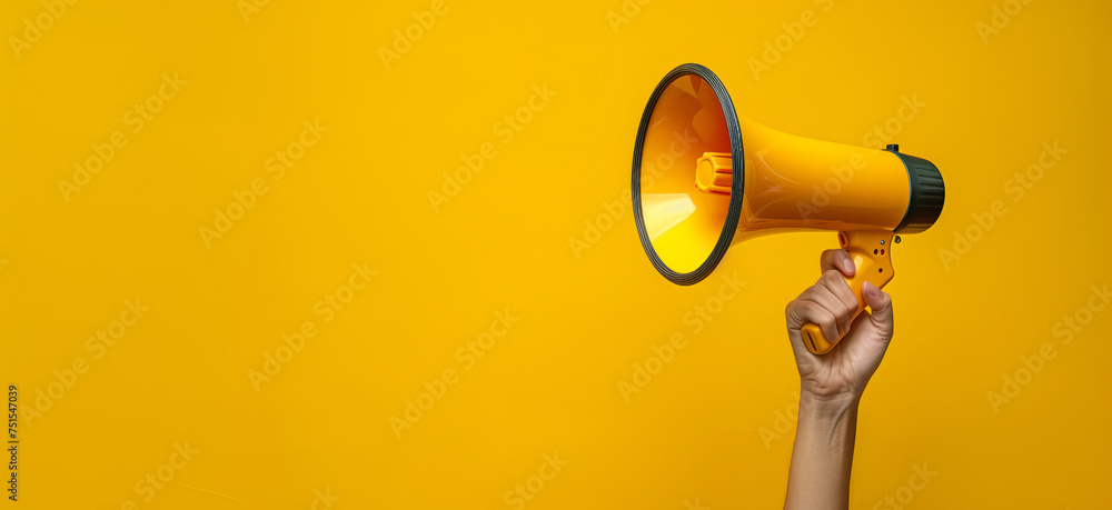 Hand holding a megaphone announces sales and discounts, on a vibrant yellow background. Marketing and commercial concept banner with copy space, made with Generative AI. - obrazy, fototapety, plakaty 