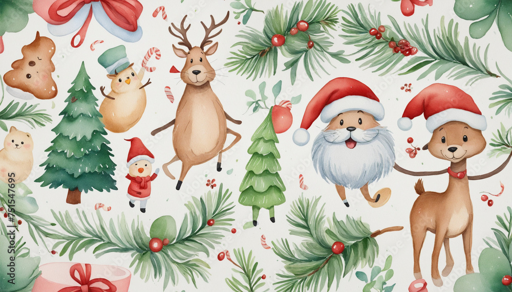 Christmas Tree excited Character in Santa Hat watercolor Illustration