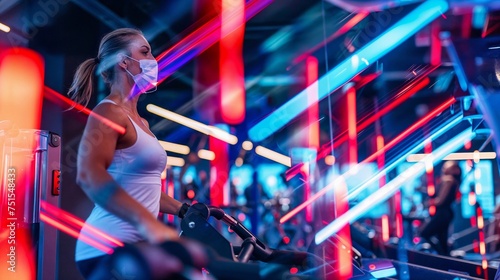 Futuristic gym scene with a focused woman exercising in a vibrant neon environment, highlighting contemporary fitness culture