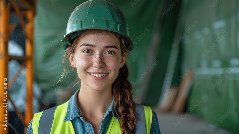 Smiling female engineer with green safety helmet and vest on plain green background. Generative AI. Smiling female engineer with green safety helmet and vest on plain green background. Generative AI.