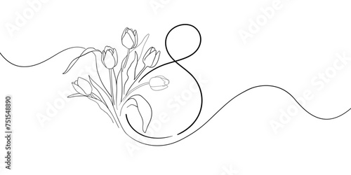8 March holiday outline card decoration. Continuous one line drawing woman day tulips design. Vector illustration