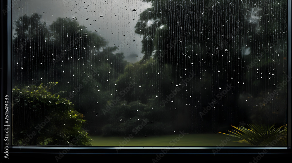The Serene Symphony of Steady Downpour: An Intimate Perspective of Raindrops on Window Panes Amidst a Stormy Day - obrazy, fototapety, plakaty 