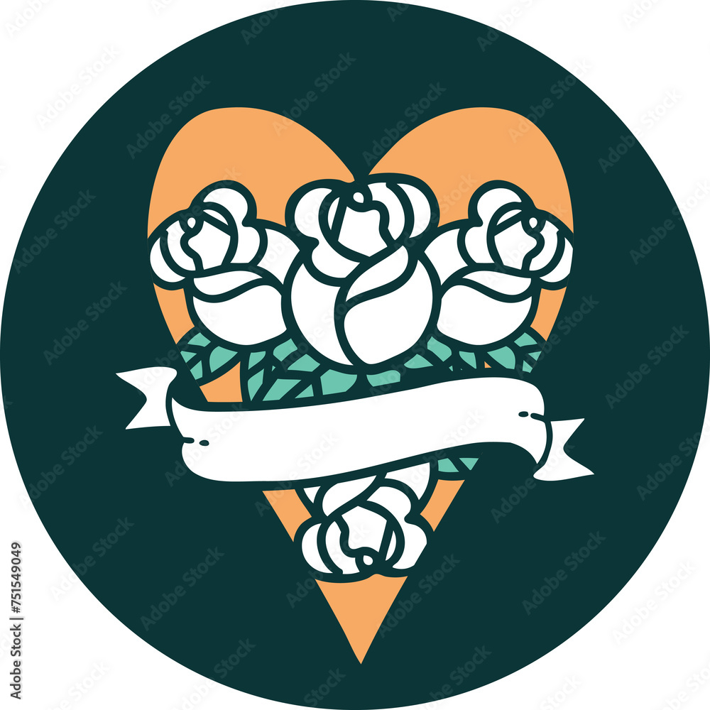 tattoo style icon of a heart and banner with flowers