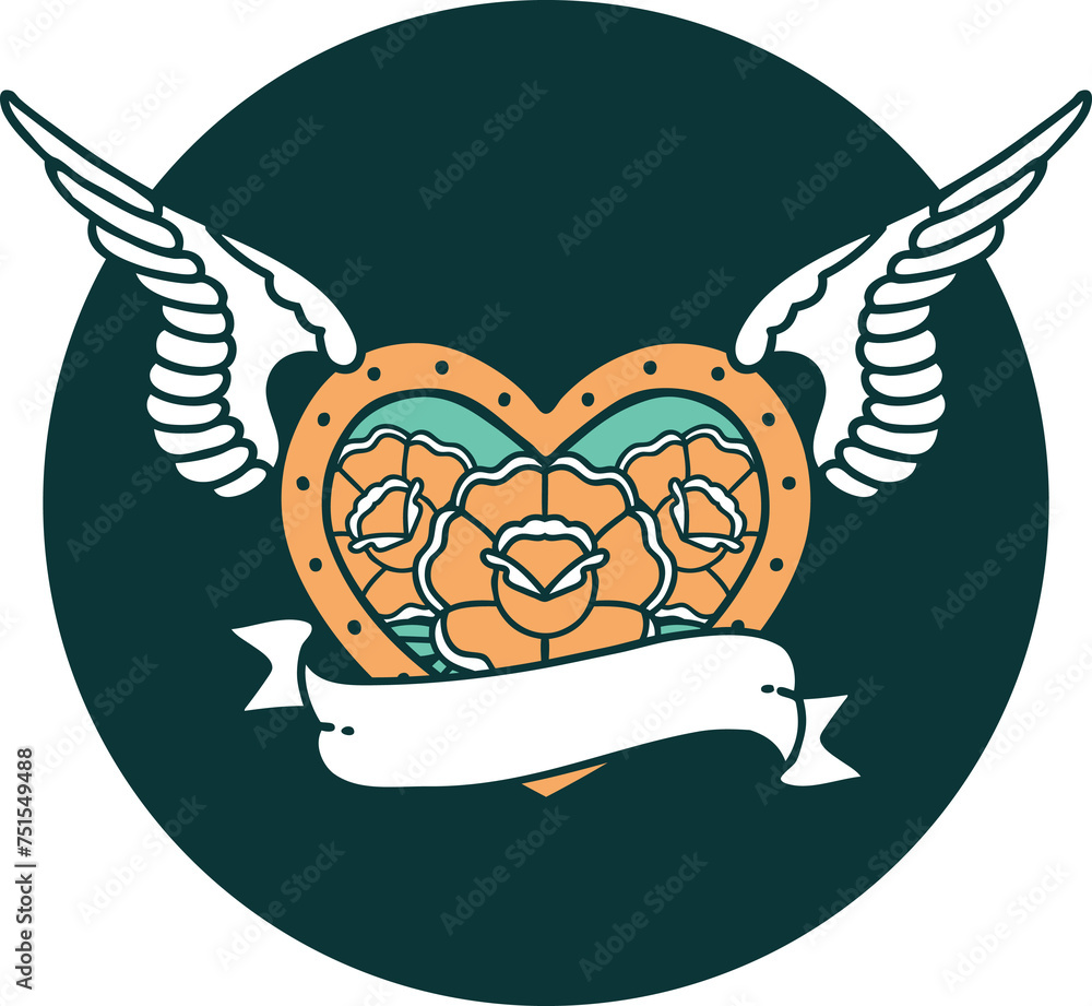 tattoo style icon of a flying heart with flowers and banner tattoo style icon of a flying heart with flowers and banner
