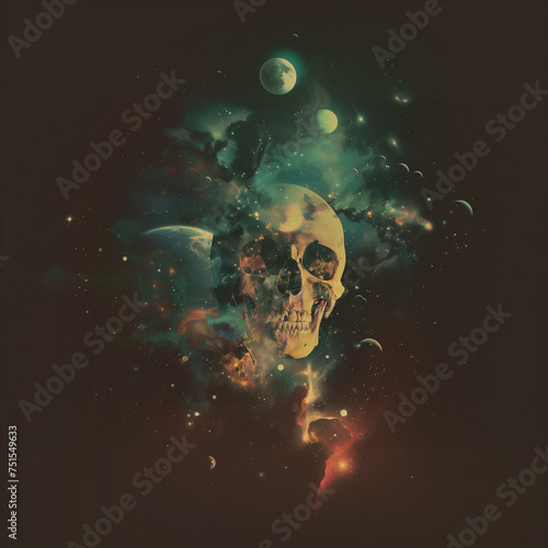 Collage: Crâne dans l'Espace et Lunes
