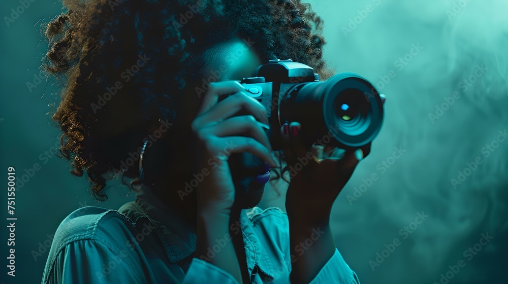 Creative female photographer capturing moments in moody lighting. artistic portrait, modern photography. focus and passion in one frame. AI Creative female photographer capturing moments in moody lighting. artistic portrait, modern photography. focus and passion in one frame. AI