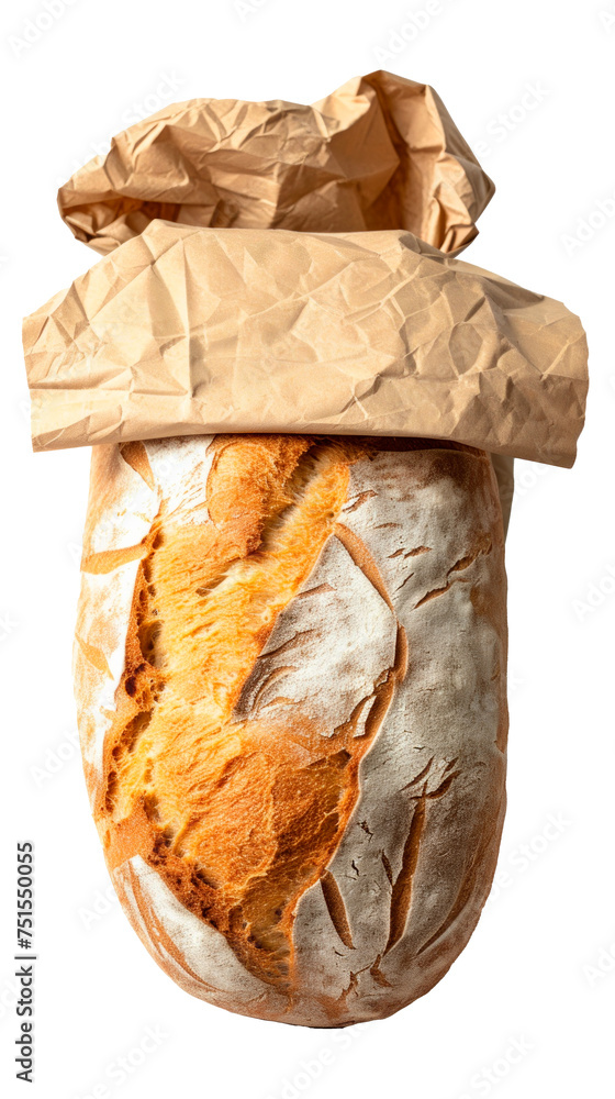 A loaf of bread is sitting in a brown paper bag Isolated on transparent background, PNG