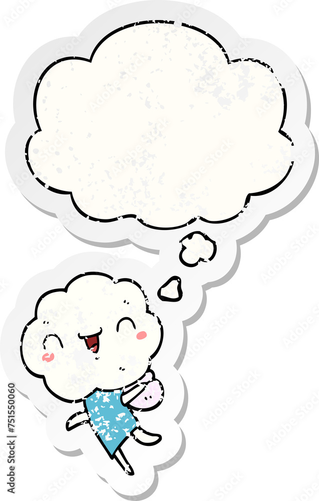 cute cartoon cloud head creature and thought bubble as a distressed worn sticker cute cartoon cloud head creature and thought bubble as a distressed worn sticker