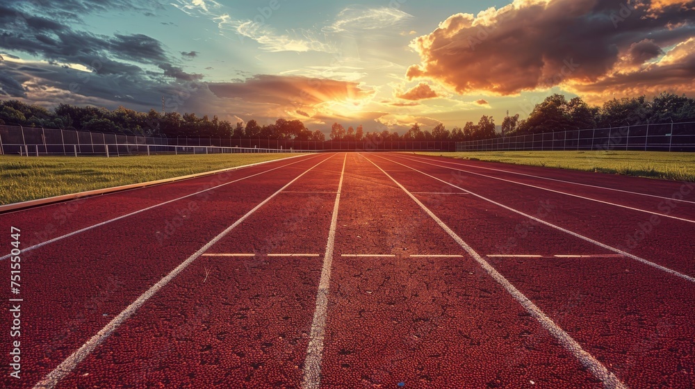 The warm glow of sunset bathes an empty red running track with serene light, evoking a sense of calm and readiness for activity in the tranquil stadium.