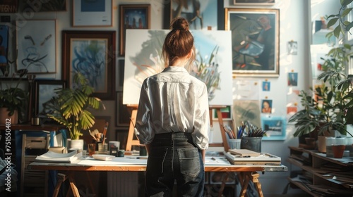 Back view of a young woman artist painting on a canvas in a bright, art-filled studio surrounded by various artworks.
