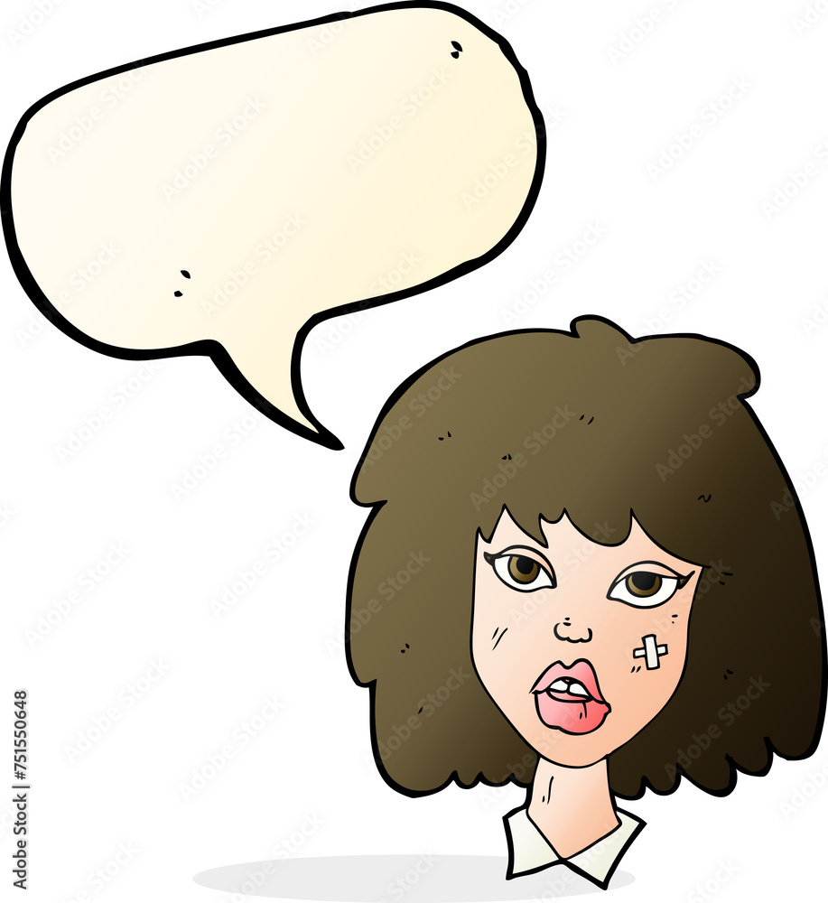 cartoon woman with bruised face with speech bubble cartoon woman with bruised face with speech bubble