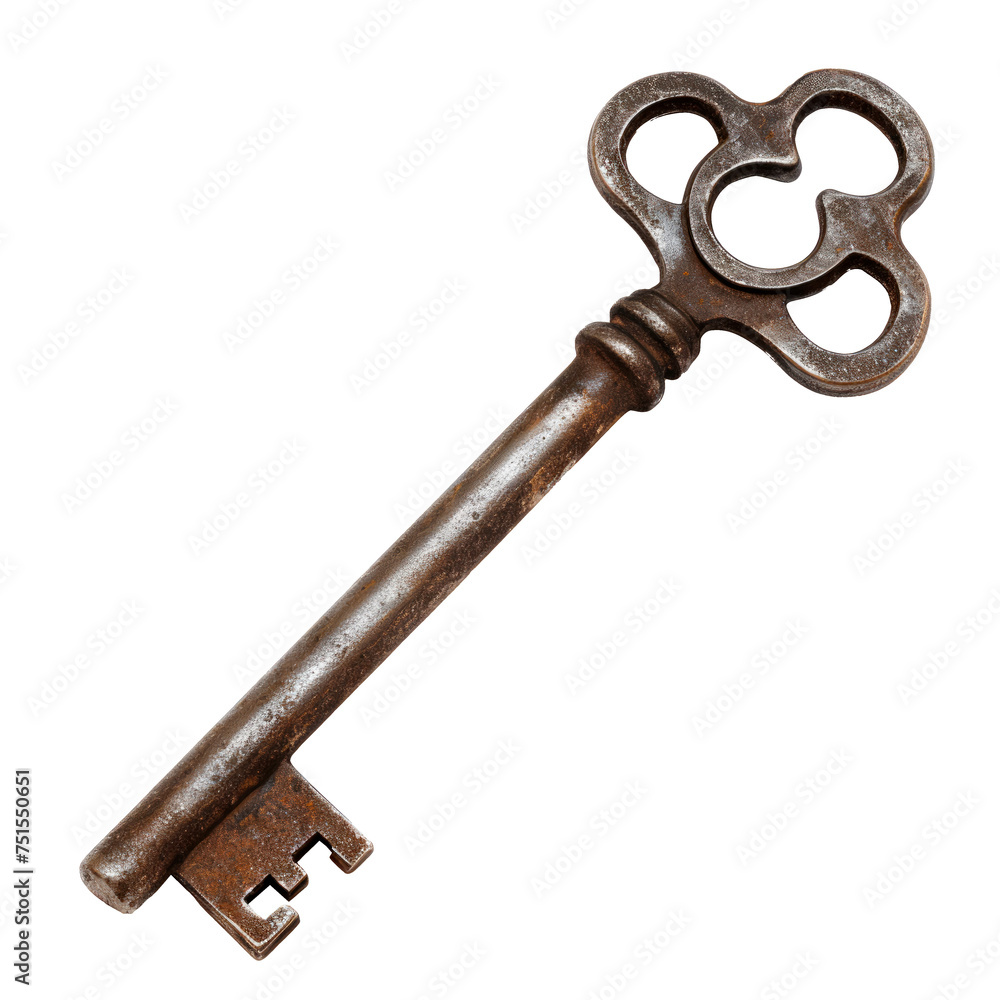 A rusty old key with a silver handle Isolated on transparent background, PNG
