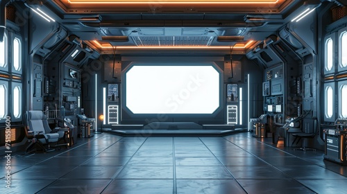 The interior of a futuristic spaceship command center with glowing control screens and a large viewing monitor. photo