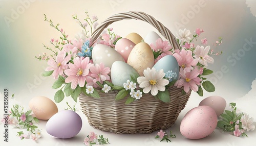 easter eggs in a basket with flowers