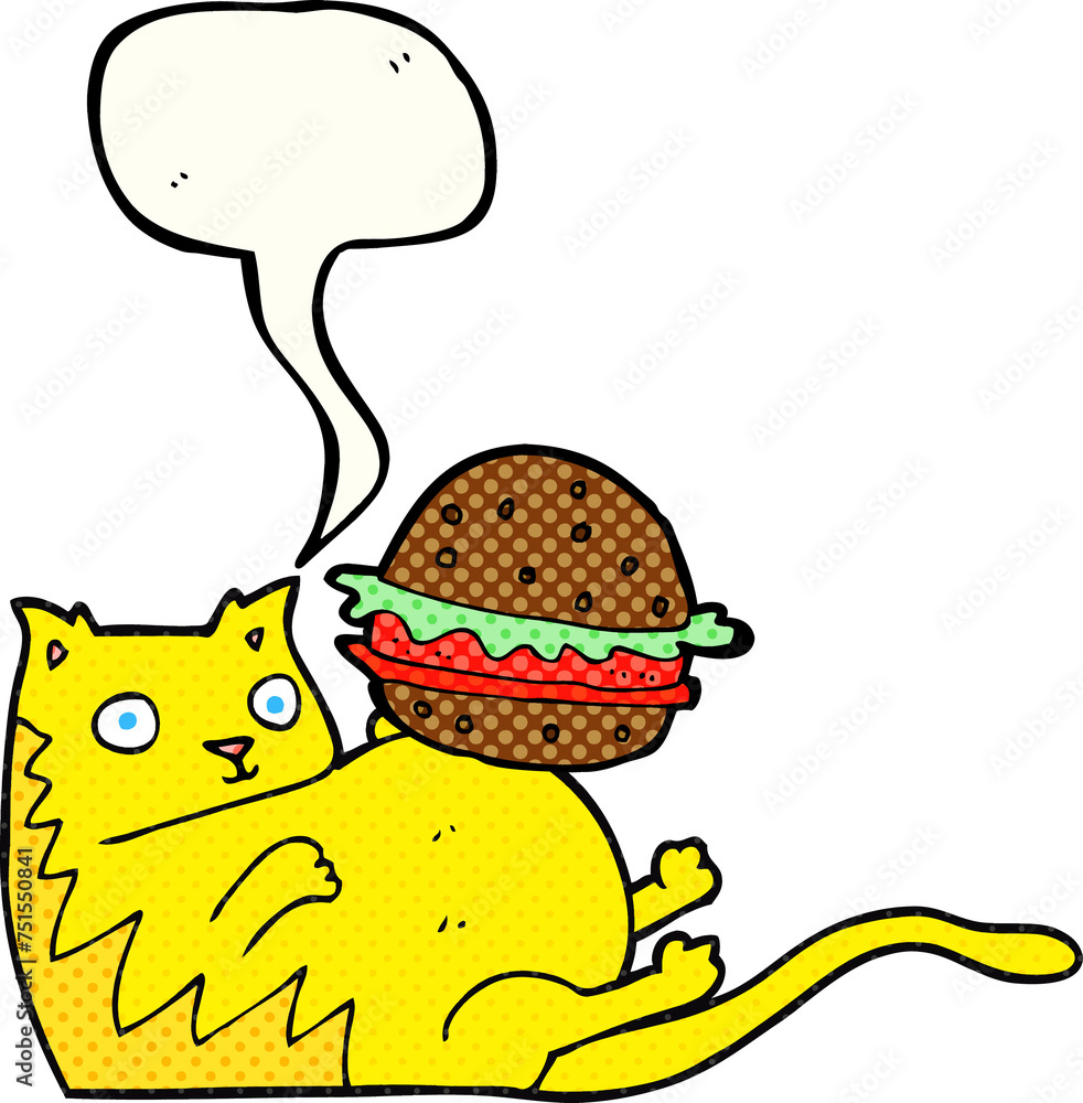 comic book speech bubble cartoon fat cat with burger comic book speech bubble cartoon fat cat with burger