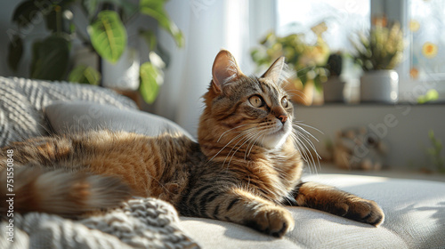A beloved pet cat lies on the sofa in the living room. Cat care.