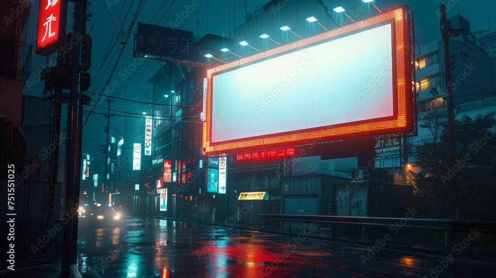 A cyberpunk-inspired city street at night, wet from rain with a glowing blank billboard ready for advertising.