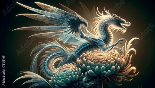 Celestial Dragon Soaring Above Floral Blossoms in Fantasy Art