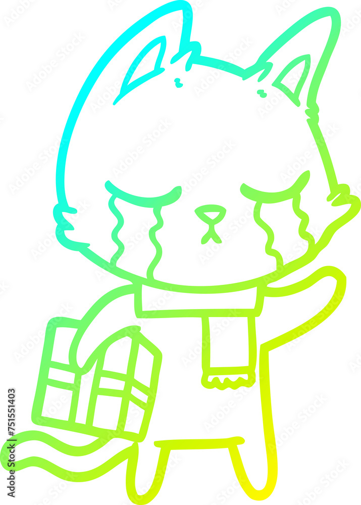 cold gradient line drawing crying cartoon cat holding christmas present cold gradient line drawing crying cartoon cat holding christmas present