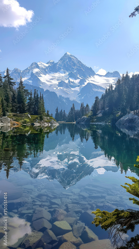 Snowy Mountain Reflected in Crystal Clear Lake