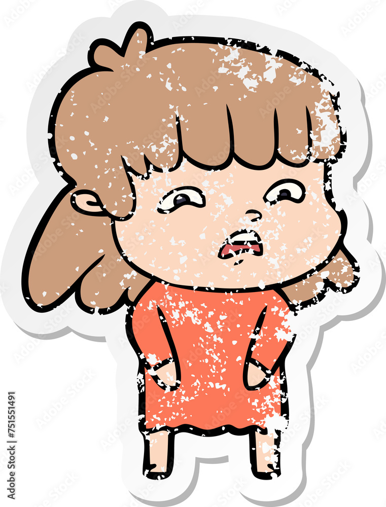 distressed sticker of a cartoon worried woman distressed sticker of a cartoon worried woman