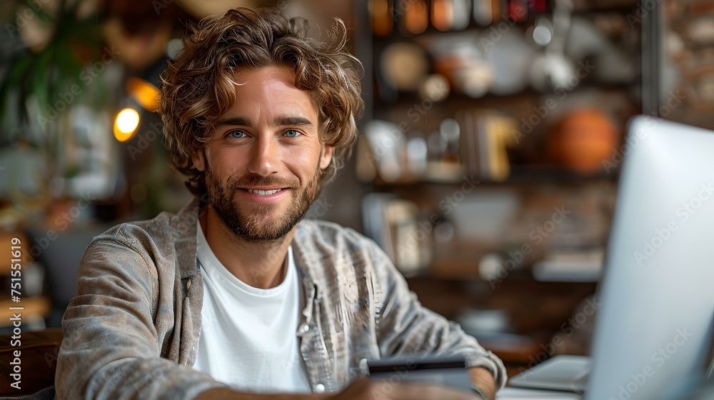 Smiling young man with curly hair using laptop at coffee shop. casual style, remote work concept. relaxed atmosphere. AI Smiling young man with curly hair using laptop at coffee shop. casual style, remote work concept. relaxed atmosphere. AI