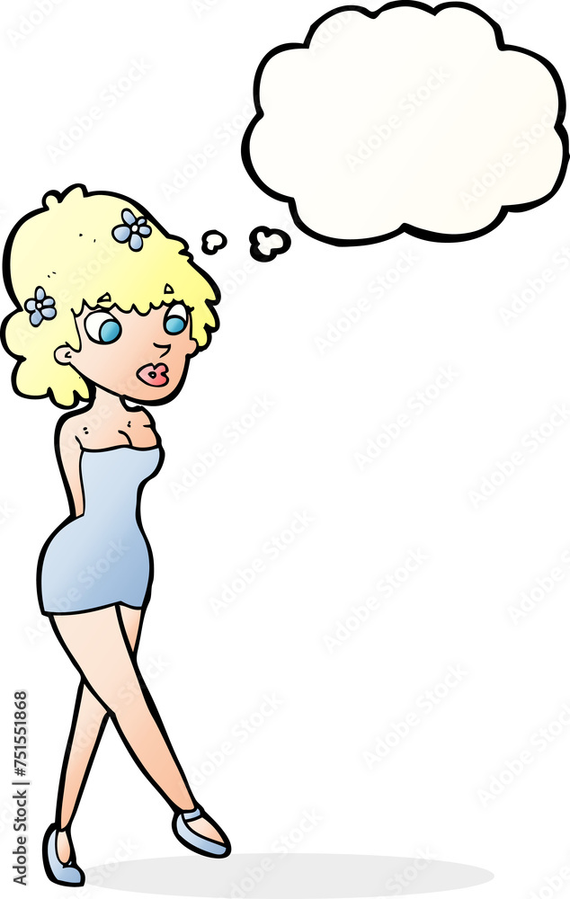 cartoon woman posing in dress with thought bubble cartoon woman posing in dress with thought bubble