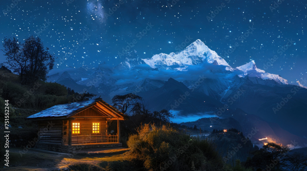Himalayan Mountains with Night Sky and Cabin Himalayan Mountains with Night Sky and Cabin