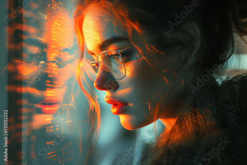 Donna che guarda dati in un schermo fantascienza photo