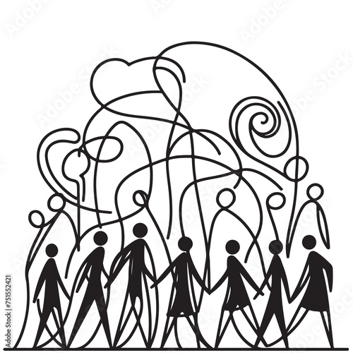 Sorority vector illustration drawn in line art style. Abstract person group