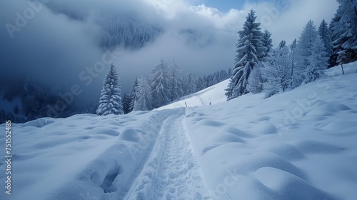 A serene snow-covered landscape showcasing a mountain trail with fresh footprints leading through a frosty pine forest under a misty sky.