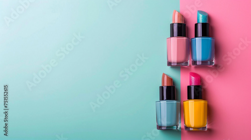 Colorful nail polish bottles on pastel pink and blue background. set of nail polish beauty background with copy space 