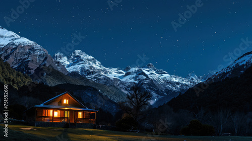 Himalayan Mountains with Night Sky and Cabin © Panisa