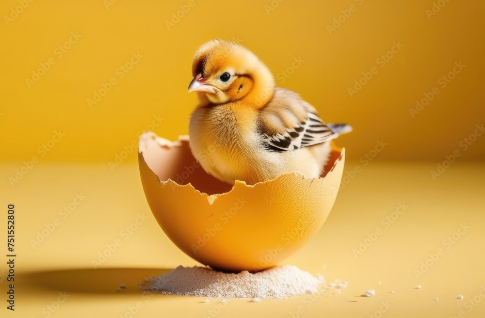Small yellow chicken is sitting in chicken eggshell on Yellow background.
