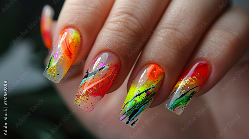 Obraz premium Female hand with long nails and multi-colored manicure holds a bottle of nail polish