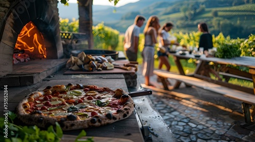 Outdoor gathering with wood-fired pizza, friends enjoying a meal against a scenic backdrop. rustic culinary adventure. AI