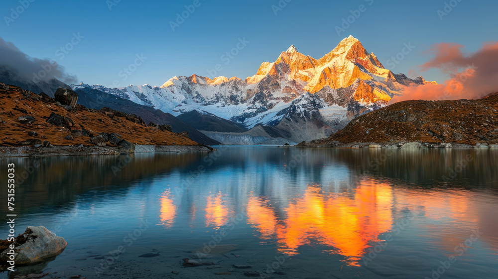 Sunset Alpenglow on Himalayan Mountain and Lake