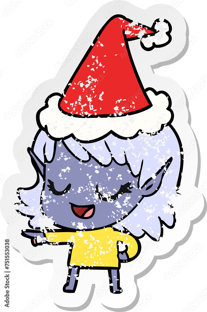 happy distressed sticker cartoon of a elf girl pointing wearing santa hat happy distressed sticker cartoon of a elf girl pointing wearing santa hat