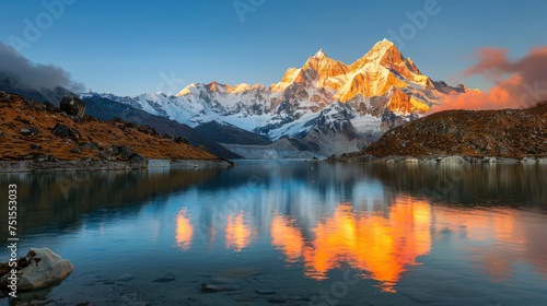 Sunset Alpenglow on Himalayan Mountain and Lake